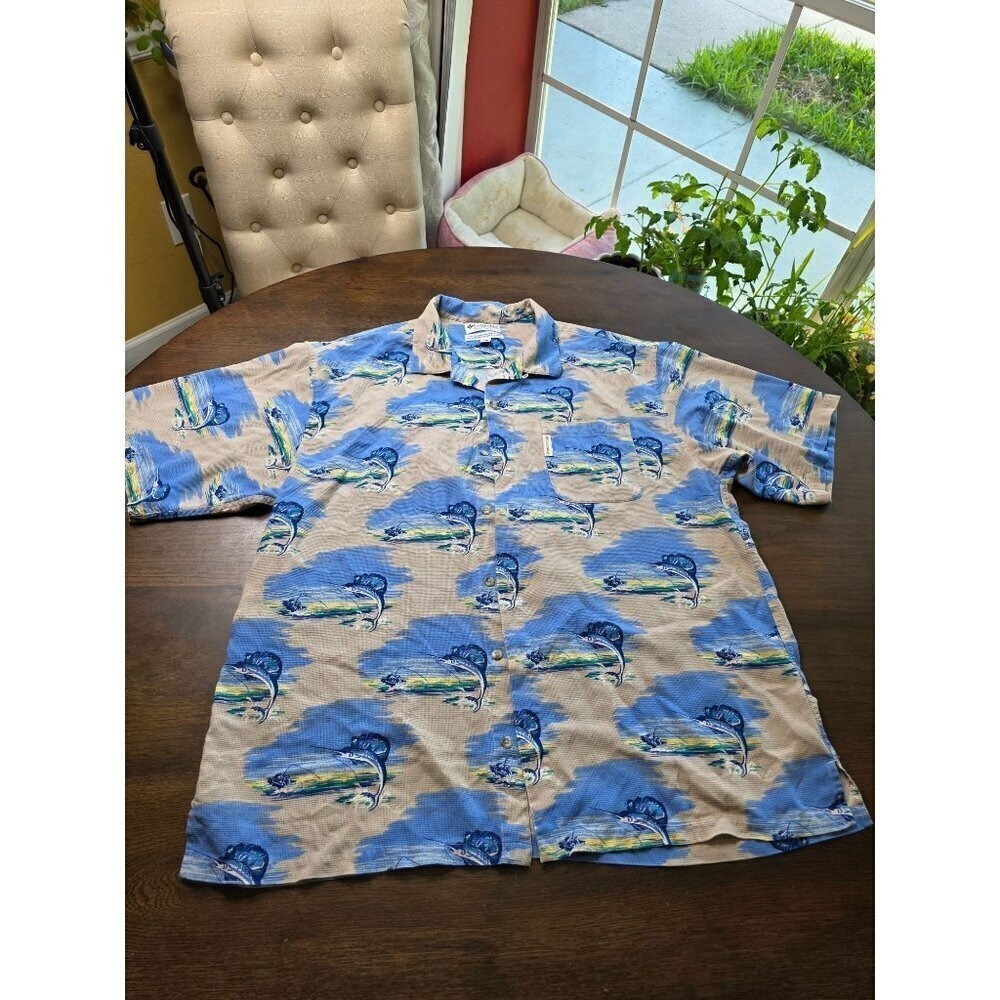 Columbia Men's Size Large Button Front Hawaiian Sail Fish Boat Print Silk Shirt‎